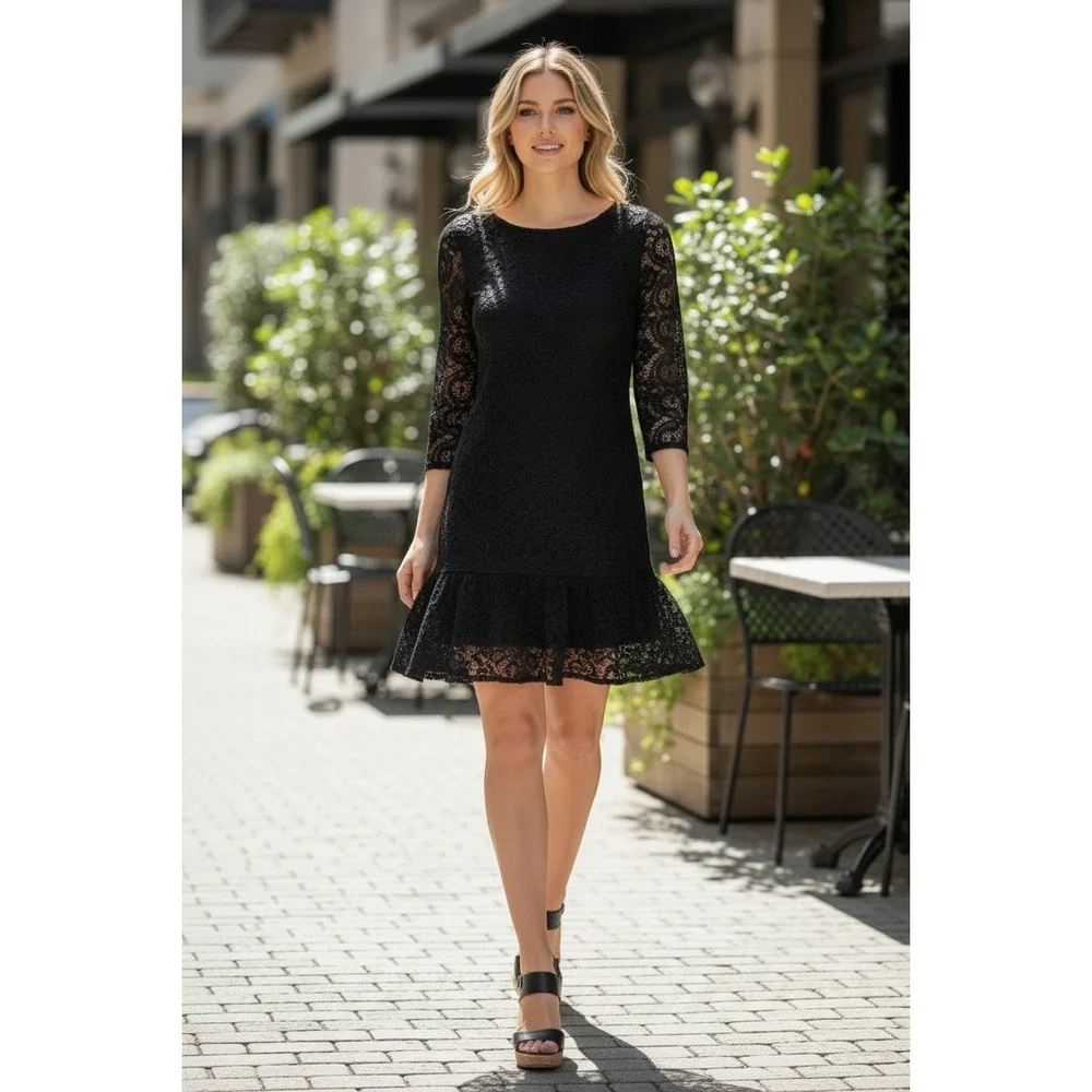 Free People Coquette Black Floral Lace Ruffle Hem Mini Dress 3/4 Sleeve S